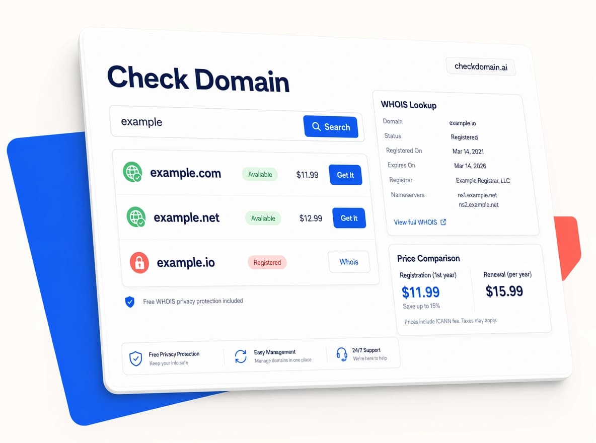 Check Domain interface showing domain availability, WHOIS records, and registrar prices